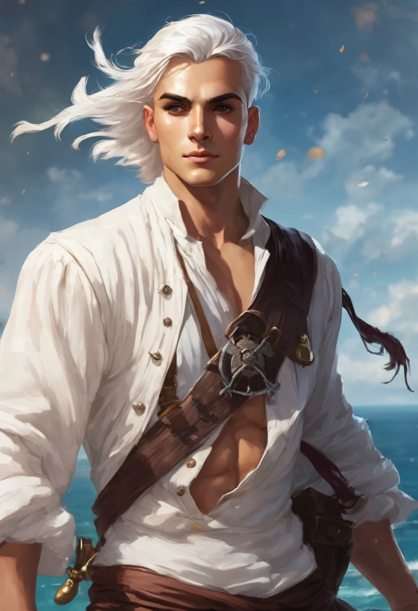 A young pirate with a muscular build and tanned fair skin. Strikingly white short hair fluttering in the wind. Beautiful young pleasant face. He&#39;s dressed in a pirate outfit, consisting of a white shirt with rolled up sleeves, dark brown vest, decorated with gold buttons and epaulettes, and dark brown trousers. He also wears a brown leather belt with various pouches and sword sheaths.. He has nice high boots on his feet. He stands on the deck of a pirate ship at the helm. Lightning flashes and thunder thunders behind.
