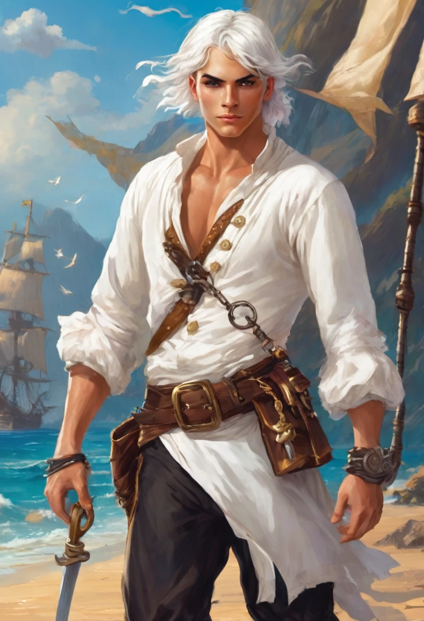 A young pirate with a muscular build and tanned fair skin. Strikingly white short hair fluttering in the wind. Beautiful young pleasant face. He's dressed in a pirate outfit, consisting of a white shirt with rolled up sleeves, dark brown vest, decorated with gold buttons and epaulettes, and dark brown trousers. He also wears a brown leather belt with various pouches and sword sheaths.. He has nice high boots on his feet. He stands on the deck of a pirate ship at the helm. Lightning flashes and thunder thunders behind.