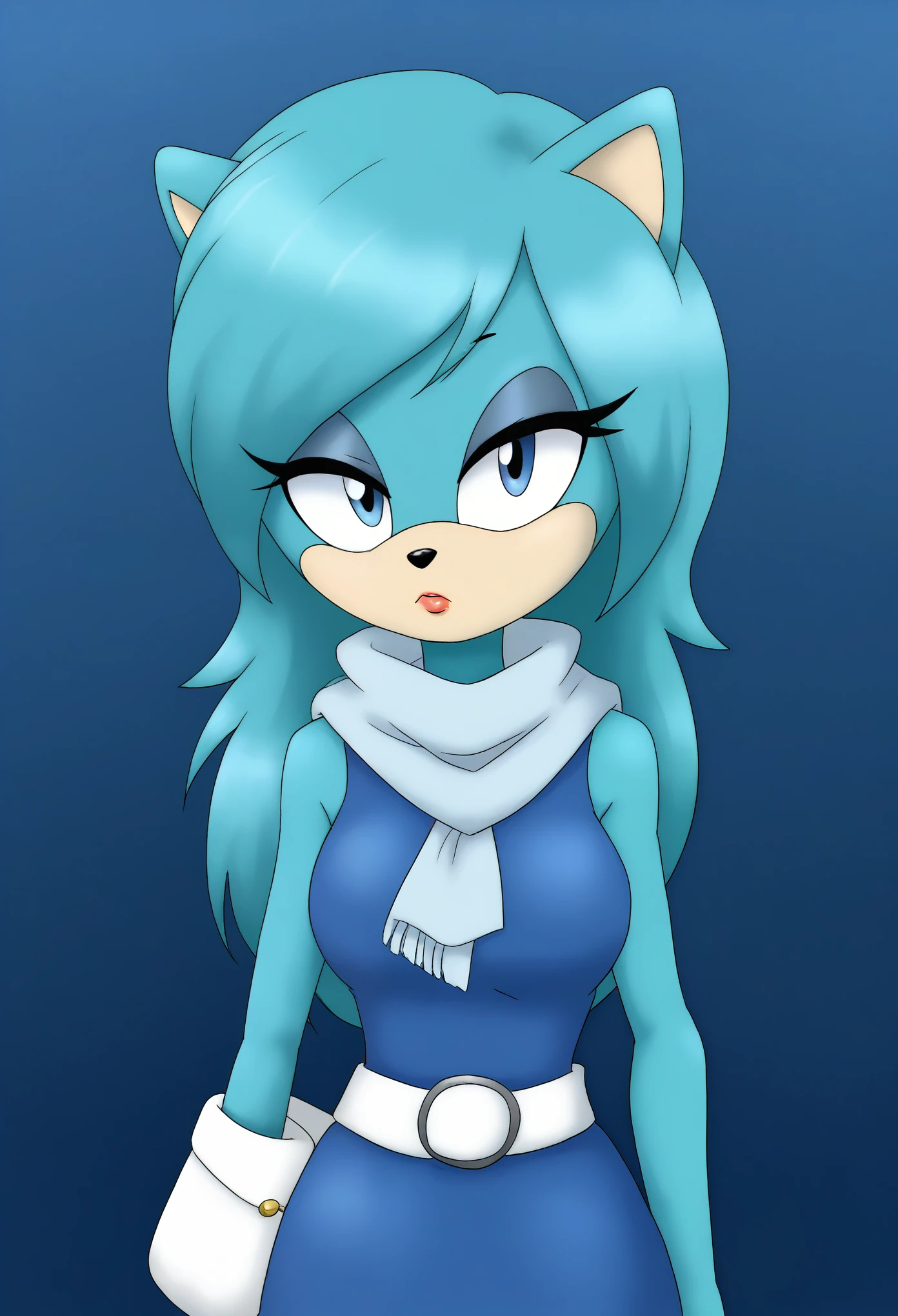 (1girl), (solo), Female Hedgehog, Bulma Briefs hairstyle, aqua fur, aqua hair, long hair, fringe_trim styled hair bangs, blue eyes, medium bust, blue dress, white bandanna-like scarf, sleeveless, white belt with small white bag attached on the side, makeup, lipstick, eyelashes, expressionless, outdoors, daytime, mobian, mobius city