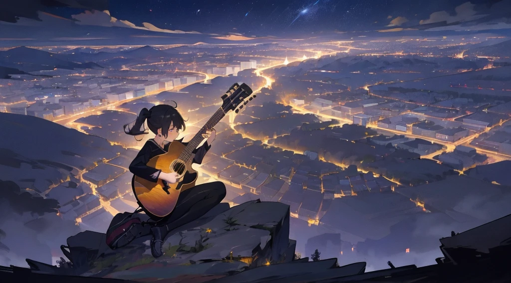 masterpiece,night,(dark alley),star、Night Sky、Overlooking the city、milky way、octone、
(1 Youth), (独奏), Knee hugging sitting,acousticguitar