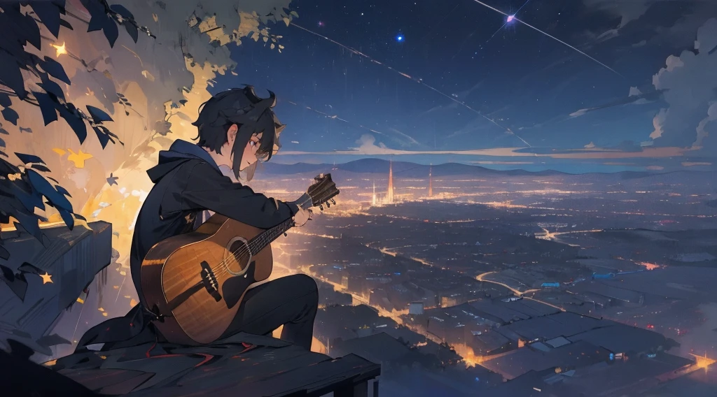 masterpiece,night,(dark alley),star、Night Sky、Overlooking the city、milky way、octone、
(uth), (独奏), Knee hugging sitting,acousticguitar