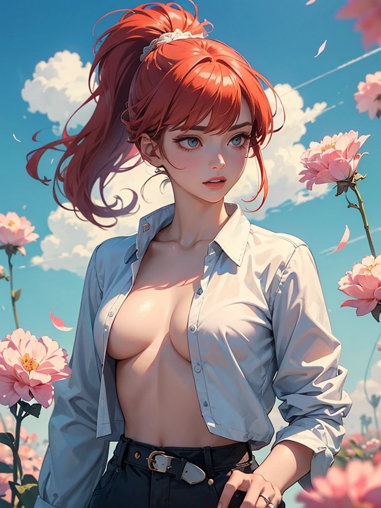 (masterpiece), (best quality), (ultra detailed),(disheveled hair),(illustration), (1girl), (Fashionable clothing),Open shirt, A stunning illustration ((Patrick Nagel Style)) standing, Fashion model, looking at viewer, (interview), (simple background),beautiful detailed eyes, delicate beautiful face, Floating,(high saturation),(colorful splashes),colorful bubble,(shining), focus on face, ponytail, kamisato ayaka, light red hair, bangs, hair ring, floating flowers, floating hairs, (shining), best lighting, best shadow,