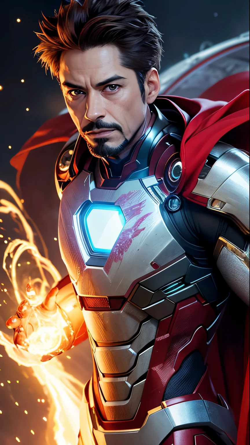 Iron Man Tony Stark(Skin Dentition:1.5), Realistic, Realistic, (masterpiece:1.5), Concept Art, Intricate details, Very detailed, Realistic, Octane Rendering, 8k, Unreal Engine, Dynamic pose, Highest quality, High resolution, (Realistic Face:1.1), (超Realisticな:1.1), ((full_body)), Perfect Eyes,(Glowing Skin:1.2), (((Hairstyle))), (((Perfect hands))), (Very detailed背景), ((Dynamic Background)), ((lightning)), (light), Wearing a cape, (((Flowing Cape))), ((Detailed eyes, High quality eyes, High quality face)), (Very complicated robe, magical robes), short hair, casting lightning, electricity, Swirling Fire, Radiation Force, spark, cigarette, magic, ((dramatic)), amazing, battlefield, Depth of written boundary, Bokeh, 4K, Gothic, human, particle