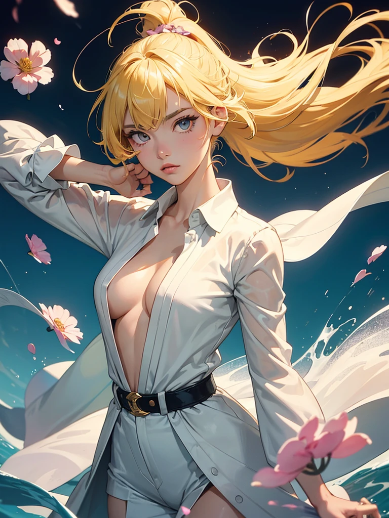 (masterpiece), (best quality), (ultra detailed),(disheveled hair),(illustration), (1girl), (Fashionable clothing),Open shirt, A stunning illustration ((Patrick Nagel Style)) standing, Fashion model, looking at viewer, (interview), (simple background),beautiful detailed eyes, delicate beautiful face, Floating,(high saturation),(colorful splashes),colorful bubble,(shining), focus on face, ponytail, kamisato ayaka, light yellow hair, bangs, hair ring, floating flowers, floating hairs, (shining), best lighting, best shadow,