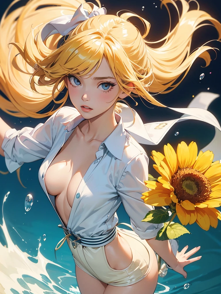 (masterpiece), (best quality), (ultra detailed),(disheveled hair),(illustration), (1girl), (Fashionable clothing),Open shirt, A stunning illustration ((Patrick Nagel Style)) standing, Fashion model, looking at viewer, (interview), (simple background),beautiful detailed eyes, delicate beautiful face, Floating,(high saturation),(colorful splashes),colorful bubble,(shining), focus on face,  ponytail, kamisato ayaka, light yellow hair, bangs, hair ring, floating flowers, floating hairs, (shining), best lighting, best shadow,