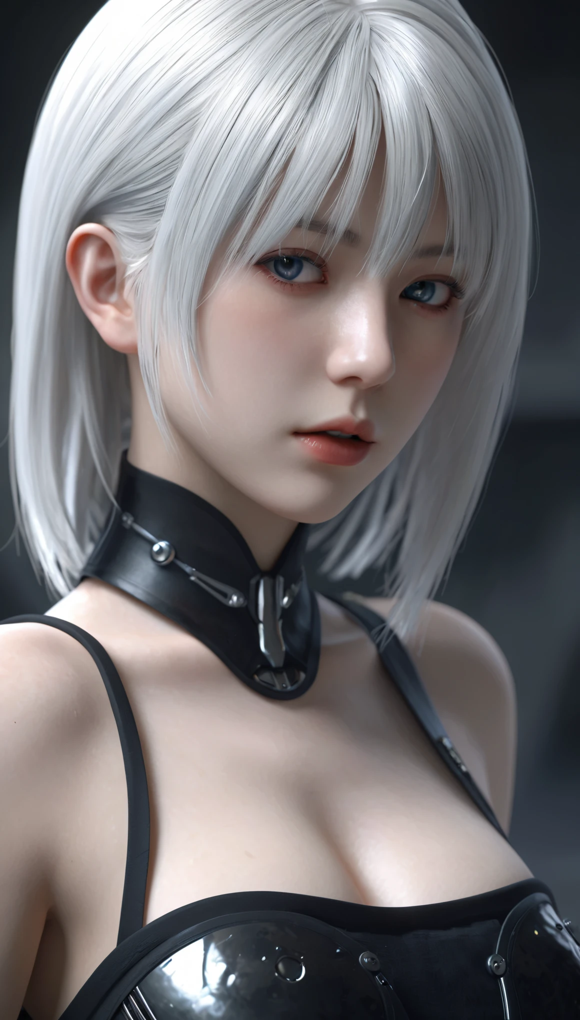 Yorha, beautiful android girl, white hair, black dress, detailed face, detailed eyes, detailed lips, extremely detailed, high quality, digital art, hyper detailed, cinematic lighting, dramatic shadows, dramatic colors, sci-fi, futuristic, dystopian, intricate details, photorealistic, 8k, best quality, huge breasts,