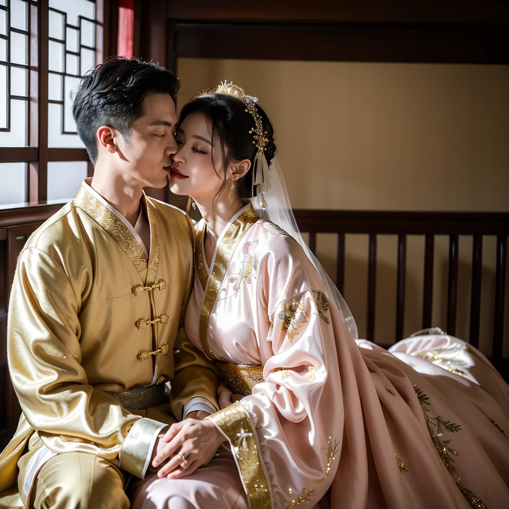 ((Highest quality)), ((masterpiece)), (detailed), （Perfect Face）、The woman is wearing a gorgeous, glittering Hanfu with gold embroidery and trim, and an engagement ring.、On a luxurious bed, the woman is caressed by a middle-aged Chinese man, they embrace and kiss, have sex and seem to love each other happily.