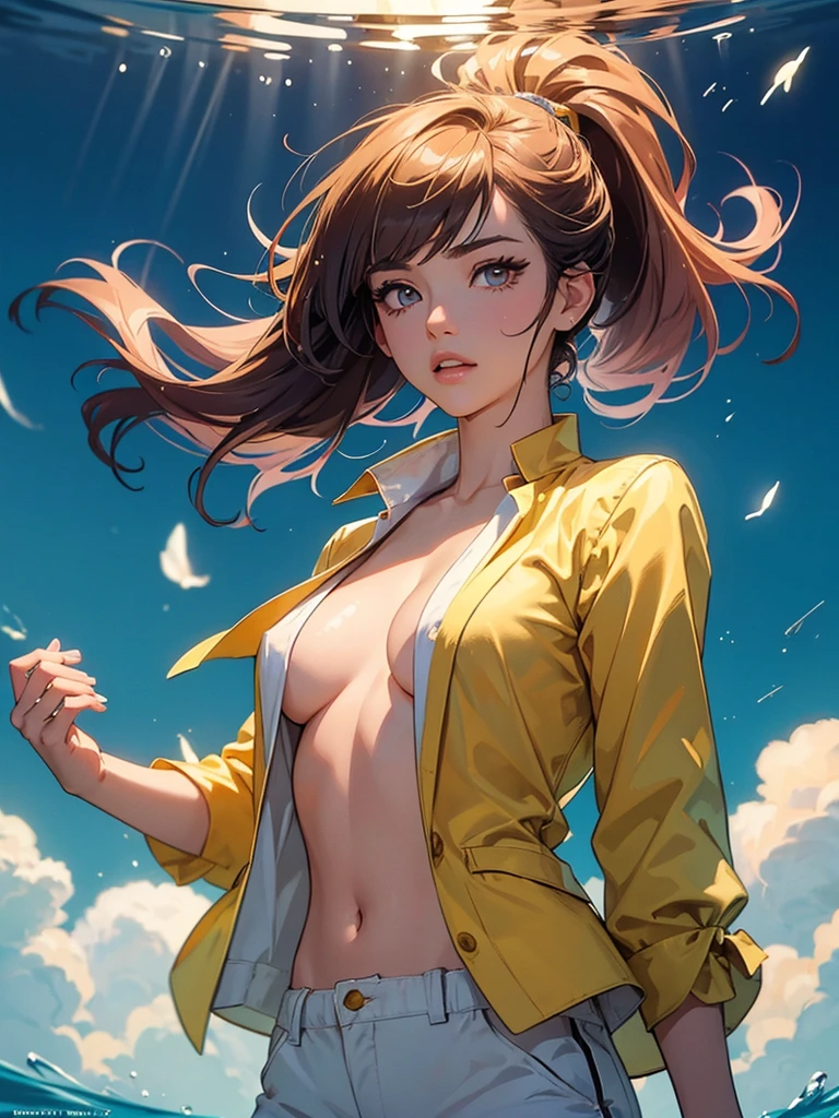 (masterpiece), (best quality), (ultra detailed),(disheveled hair),(illustration), (1girl), (Fashionable clothing),Open shirt, A stunning illustration ((Patrick Nagel Style)) standing, Fashion model, looking at viewer, (interview), (simple background),beautiful detailed eyes, delicate beautiful face, Floating,(high saturation),(colorful splashes),colorful bubble,(shining), focus on face, ponytail, kamisato ayaka, gold hair, bangs, hair ring, floating flowers, floating hairs, (shining), best lighting, best shadow,