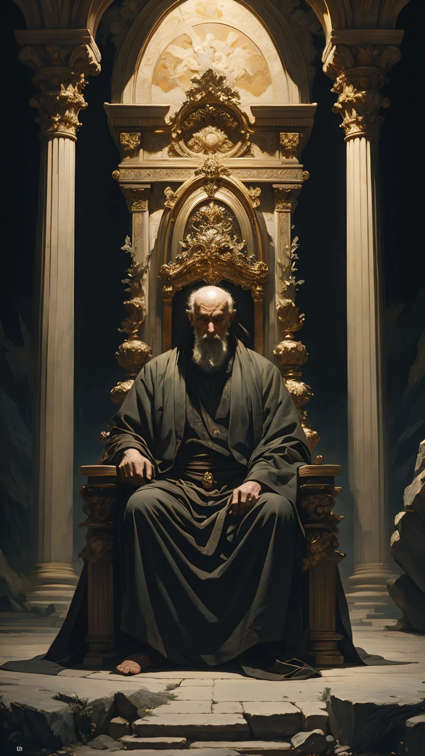 The Old Man of the Ancient Greece, sitting on a throne of stones, (best quality, high resolution, extreme detail, outstanding composition, masterpiece:1.4)