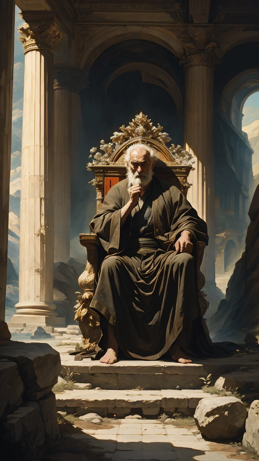 The Old Man of the Ancient Greece, sitting on a throne of stones, (best quality, high resolution, extreme detail, outstanding composition, masterpiece:1.4)