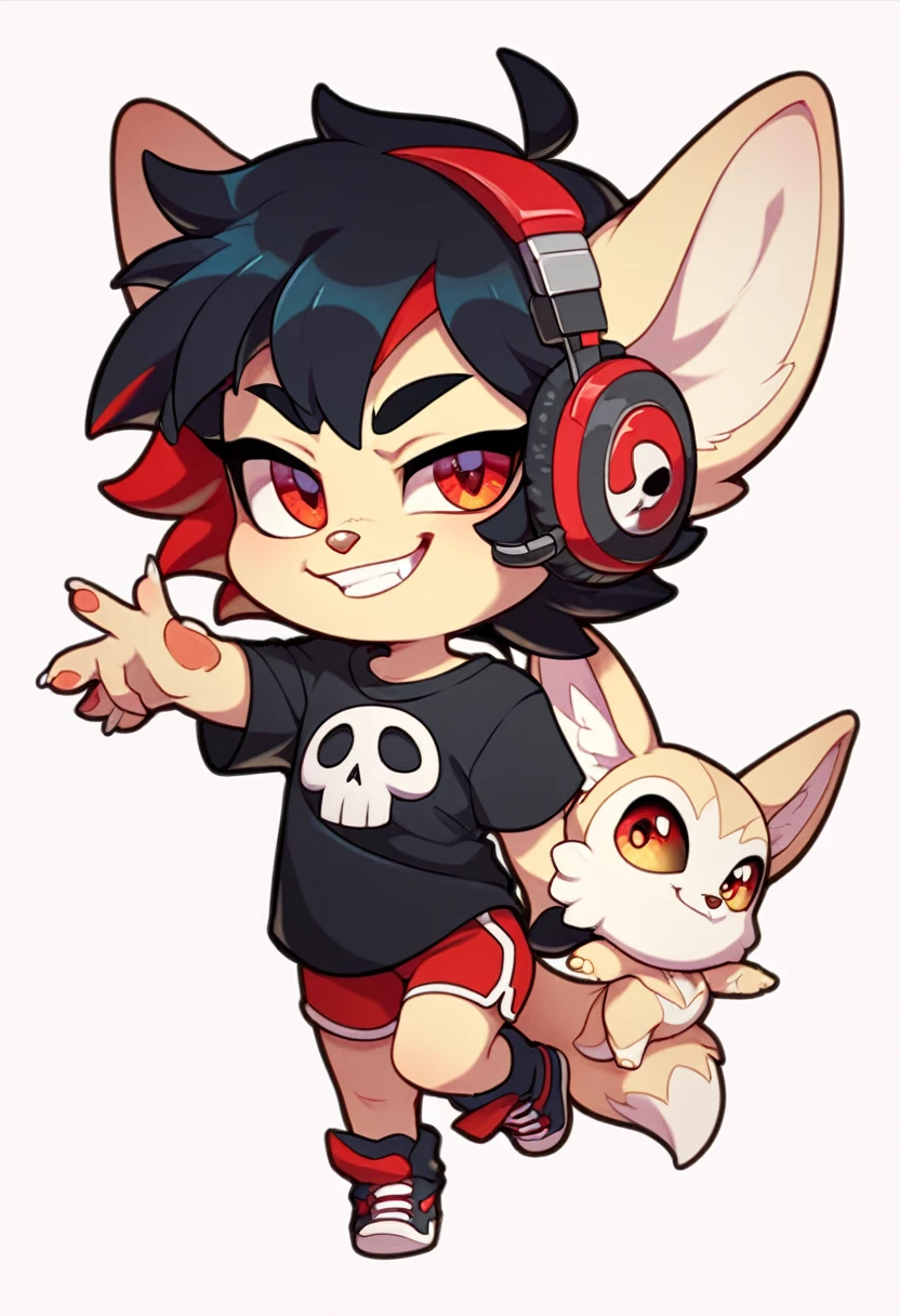 Fennec fox, cute girl, kid, chibi, short hair, black hair with red highlights, red eyes, black shirt with a white skull, headphones, listening songs, smirk, alone
