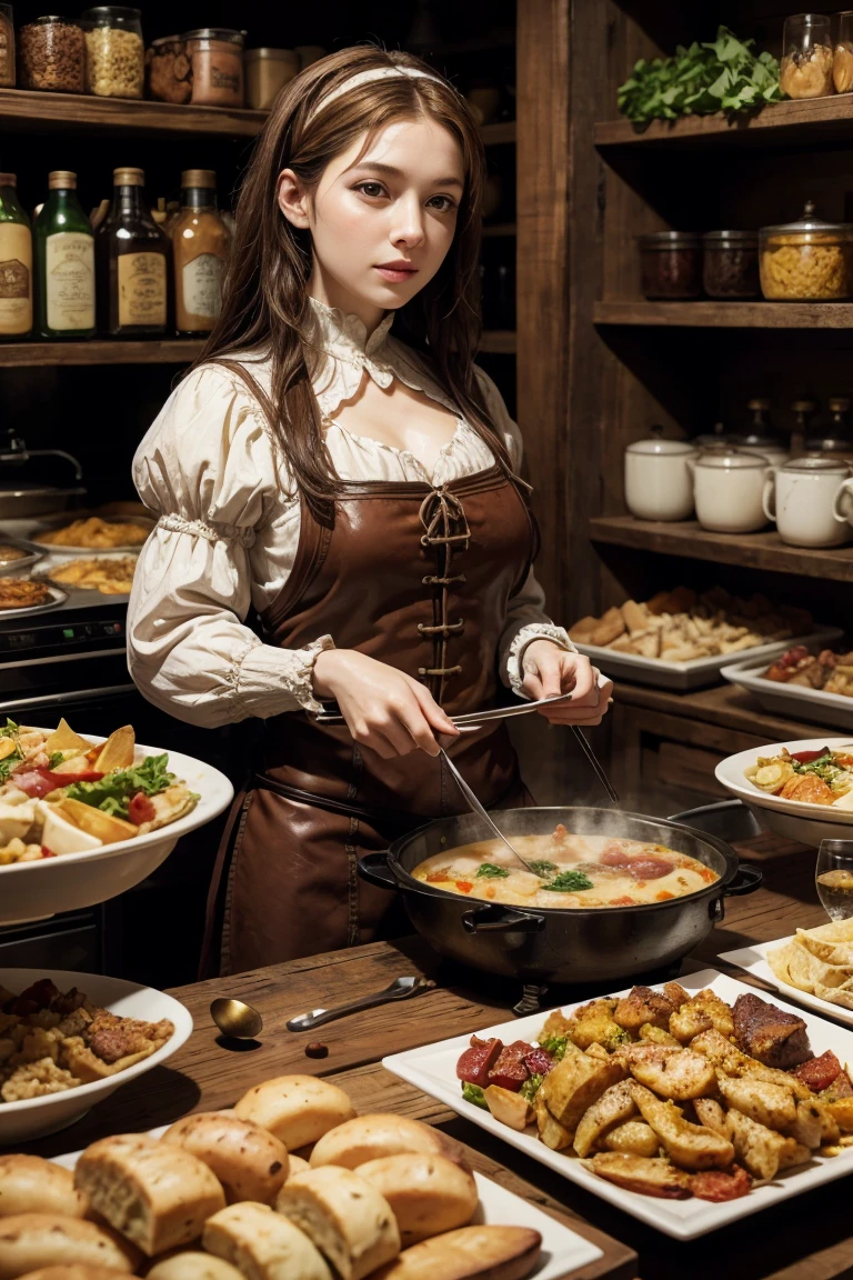 Renaissance food buffet, steamy savory foods, medieval goods