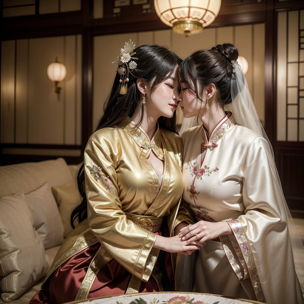 ((Highest quality)), ((masterpiece)), (detailed), (Perfect Face)、The woman is wearing a gorgeous, glittering Hanfu with gold embroidery and trim, and an engagement ring.、The woman and the middle-aged Chinese man embrace each other, kiss each other in vows, and are happily married at a luxurious Chinese wedding venue.