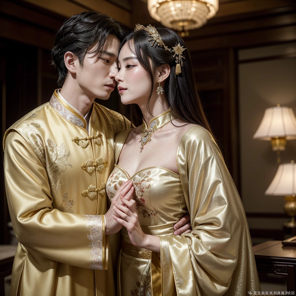 ((Highest quality)), ((masterpiece)), (detailed), (Perfect Face)、The woman is wearing a gorgeous, glittering Hanfu with gold embroidery and trim, and an engagement ring.、The woman and the middle-aged Chinese man embrace each other, kiss each other in vows, and are happily married at a luxurious Chinese wedding venue.