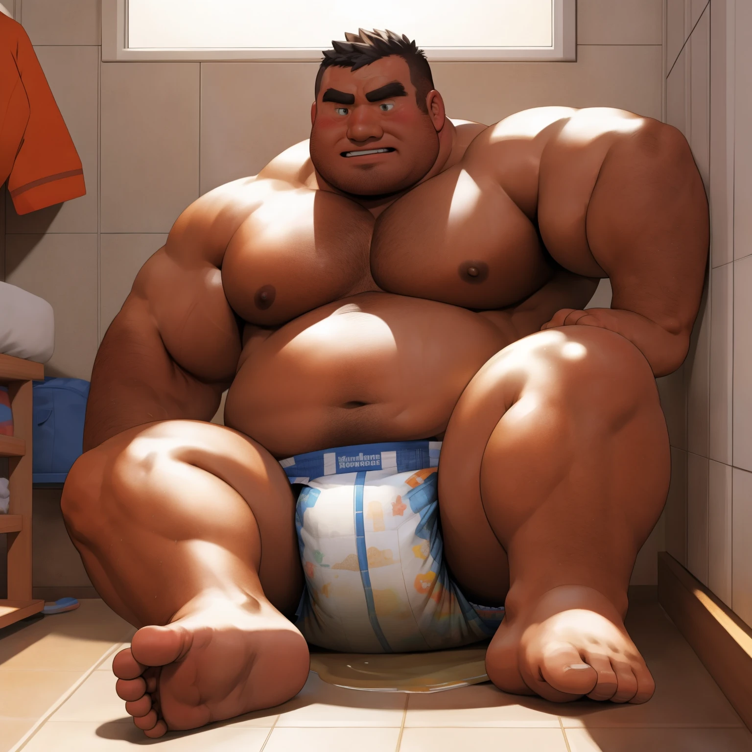 masterpiece, Top quality, in 32K, perfect anatomy, hyper detailed, super fine illustration, The thick man is a brutal prisoner, retarded, hairy, human, 50yo in japan, (fatness: 1.0), Fatty muscle, Bowleg, disappointment, incontinent, be diaper check by children, There is a small puddle under him, Naked, short legs, Bowleg, spread legs, wear a White cloth Diaper, Bare belly, Bare legs, Bare foots, Bare soles, Shirtless, wide forehead and short thinning hair, Man with round  face with stubble, Bare foots, Bare soles, shy, sissy, Weaker than children, Drool, Round face, He enters nursery school and is despised by children, He is made to stand attention in the corner of the playroom, corner time, He surrounded by children, Bare foots, big butt, White Diaper, sobbing, There is a small puddle under him