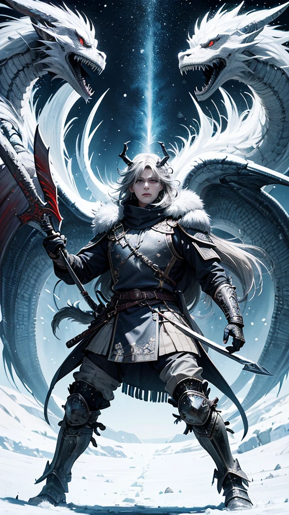make me a warrior, with 3 swords on his back, and an ax in his hand, winter contract, demon mask, with a winter background with dragons and beasts, colors, blue, whites, black, gray, black, y verdes colors profesionales y detallados estilo anime