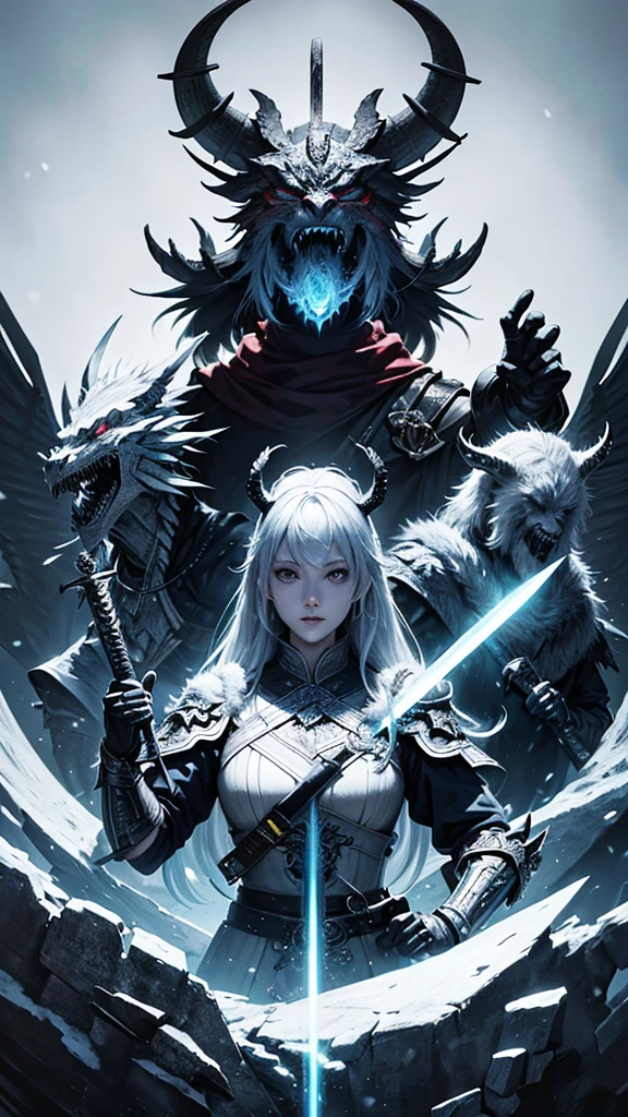 make me a warrior, with 3 swords on his back, and an ax in his hand, winter contract, demon mask, with a winter background with dragons and beasts, colors, blue, whites, black, gray, black, y verdes colors profesionales y detallados estilo anime