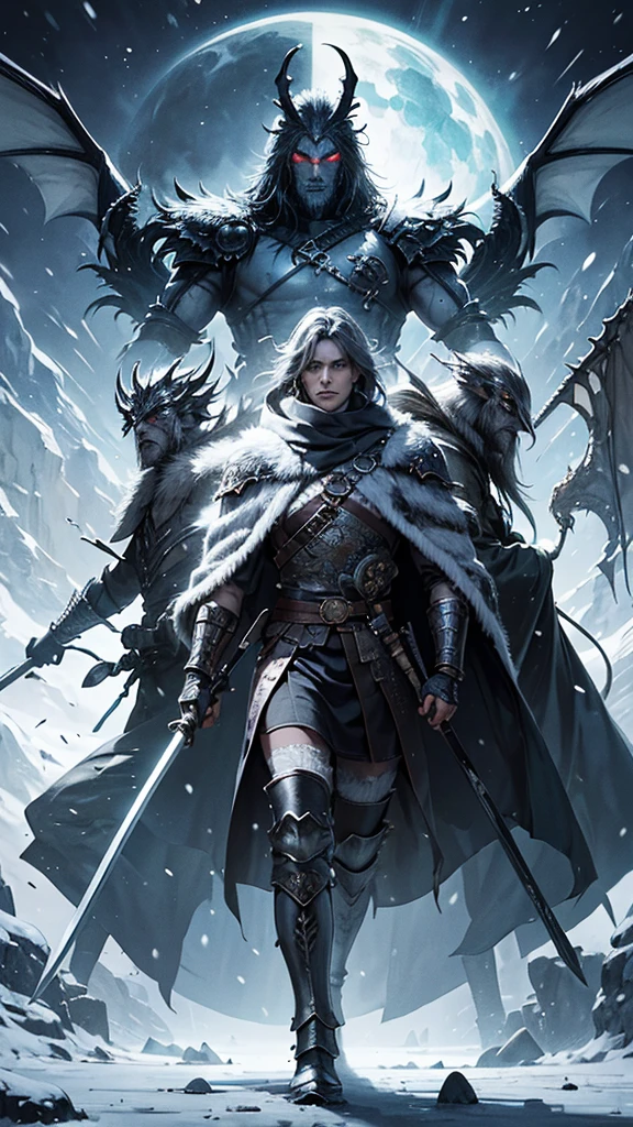 make me a warrior, with 3 swords on his back, and an ax in his hand, winter contract, demon mask, with a winter background with dragons and beasts, colors, blue, whites, black, gray, black, y verdes colors profesionales y detallados estilo anime