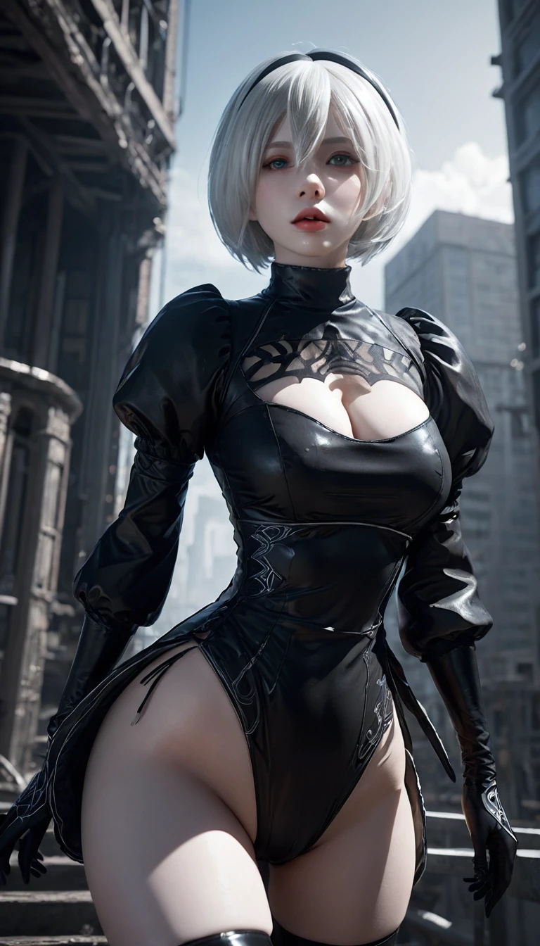 Yorha, beautiful android girl, white hair, black dress, detailed face, detailed eyes, detailed lips, extremely detailed, high quality, digital art, hyper detailed, cinematic lighting, dramatic shadows, dramatic colors, sci-fi, futuristic, dystopian, intricate details, photorealistic, 8k, best quality, huge breasts, upon body from head to thigh