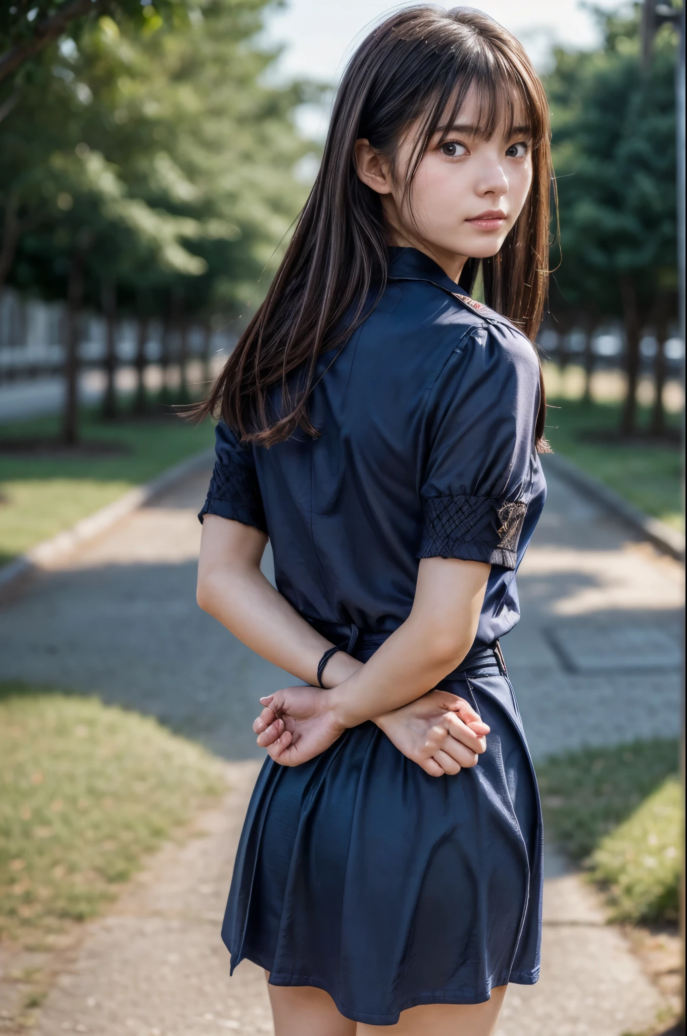 The woman has her hands tied、((Place your hands behind your back))、((Place your hands together and cross them behind your back))、(((Her wrists are tied with rope)))、shibari、beauty、20Year、university student、(anatomicaly, Has two arms and two hands)、Standing on a hill at night、There are a lot of trees、Beautiful night sky、There are many stars、A strong wind is blowing、Wearing a short-sleeved blouse、Wear a high school student-style miniskirt、Uniform eyes、Well-proportioned physique、Small breasts、Small face、(I can see from head to heel), Black Hair, bangs, swept bangs, Straight hair, Nervous, Messy Hair, Floating hair, Cinema Lighting, tachi-e, First-person view, throw, From behind, F/1.2, Nikon, Cowboy Shot, Surrealism, 超High resolution, Highest quality, High resolution, 8k, Textured skin, anatomicaly正しい体,