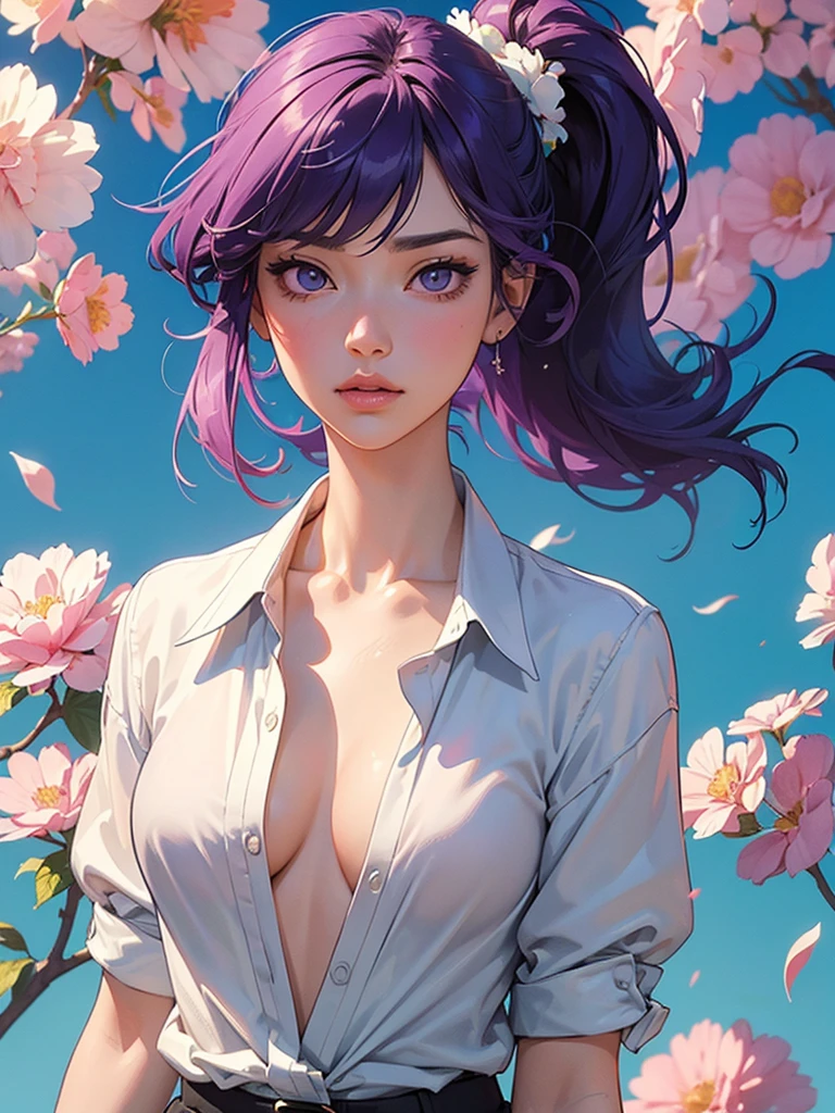 (masterpiece), (best quality), (ultra detailed),(disheveled hair),(illustration), (1girl), (Fashionable clothing),Open shirt, A stunning illustration ((Patrick Nagel Style)) standing, Fashion model, looking at viewer, (interview), (simple background),beautiful detailed eyes, delicate beautiful face, Floating,(high saturation),(colorful splashes),colorful bubble,(shining), focus on face, ponytail, kamisato ayaka, purple hair, bangs, hair ring, floating flowers, floating hairs, (shining), best lighting, best shadow,