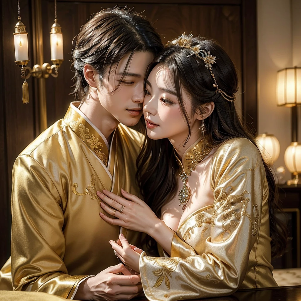 ((Highest quality)), ((masterpiece)), (detailed), （Perfect Face）、The woman is wearing a gorgeous, glittering Hanfu with gold embroidery and trim, and an engagement ring.、The woman and the middle-aged Chinese man embrace each other, kiss each other in vows, and are happily married at a luxurious Chinese wedding venue.