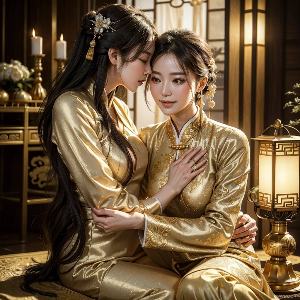 ((Highest quality)), ((masterpiece)), (detailed), (Perfect Face)、The woman is wearing a gorgeous, glittering Hanfu with gold embroidery and trim, and an engagement ring.、The woman and the middle-aged Chinese man embrace each other, kiss each other in vows, and are happily married at a luxurious Chinese wedding venue.