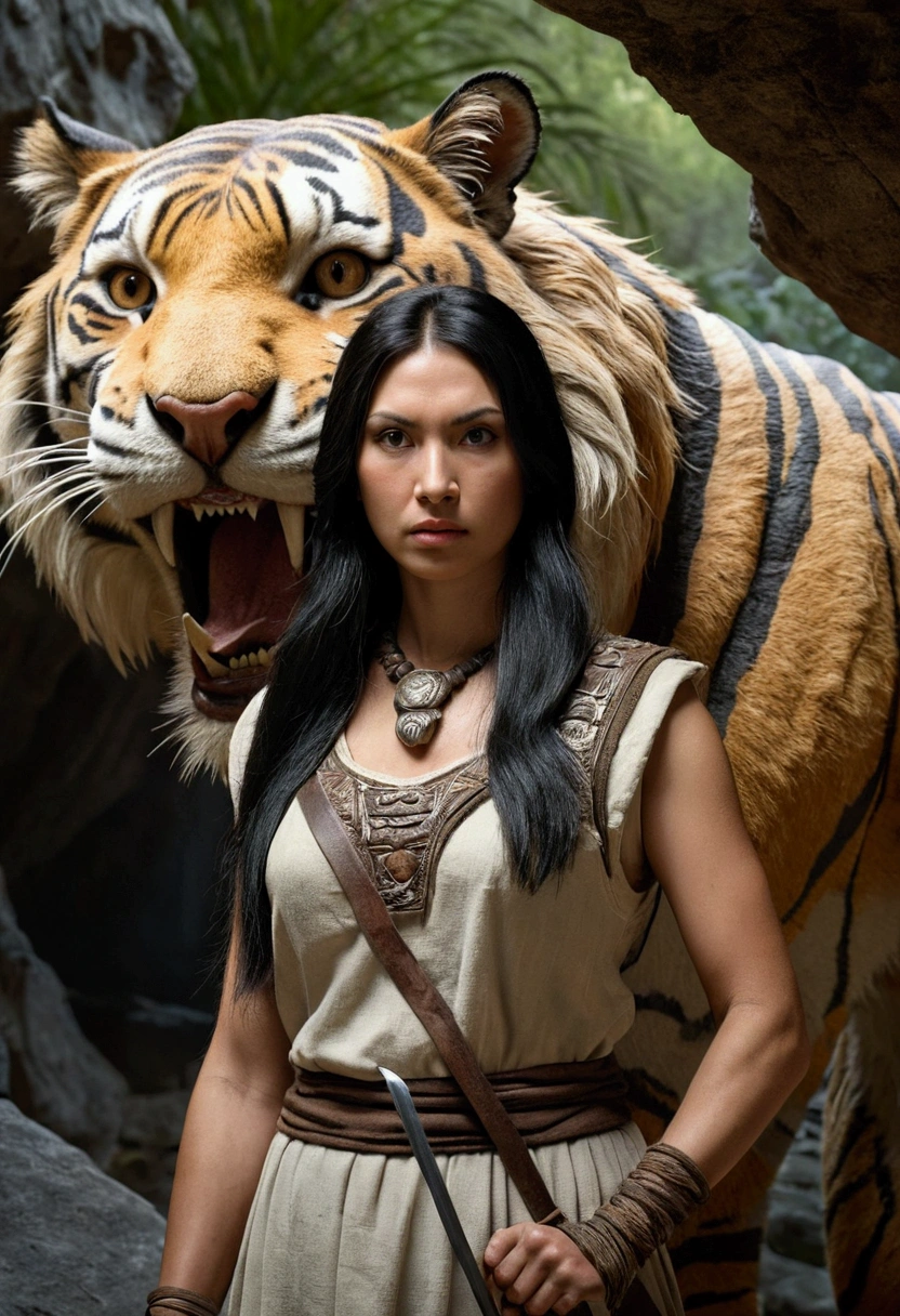 woman, long black hair, cave era, primitive woman, primitive clothing, large bust, looking at the camera, a saber-toothed tiger behind her, primitive landscape, photorealistic