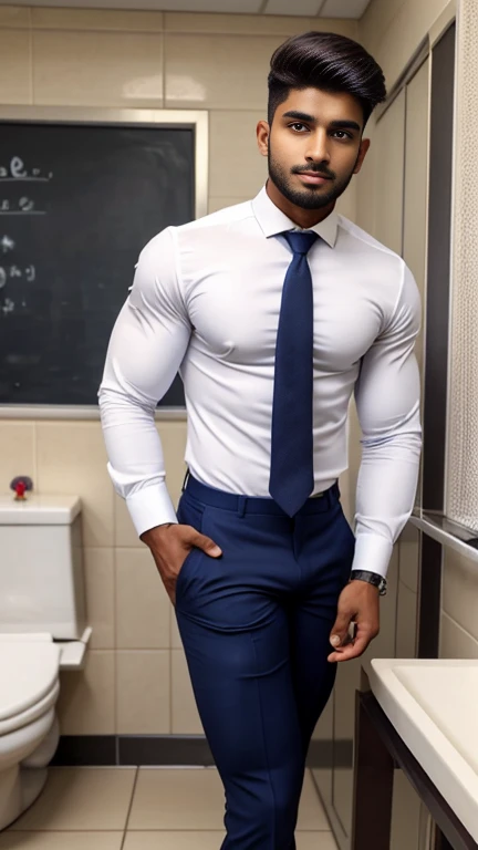 18 years old indian school boy with small beard mascular dark skin jaat with spiky hairstyle in , head to thighs, indian school boy, beautiful eyes, large lips, volumeric light, wearing opened white shirt with Tommy Hilfiger underwear with navy tie , huge bulge, muscular chest, long legs, Wide shoulders, nice detailed hands, standing and doing pee in school toilet with spread legs toilet background, sunny day, daylight, His perfect( big huge bulge) is (coming out) of his pant,masterpieces
