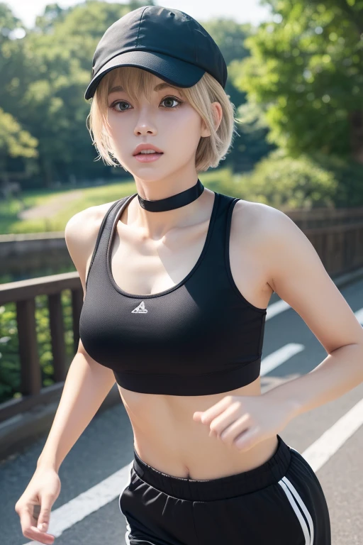 (Highest quality, 4K, 8k, High resolution, masterpiece:1.2), Very detailed, (Realistic, photoRealistic, photo-Realistic:1.37),Bedroom、Japanese、Big Breasts,(Black choker),(Dull blonde pixie cut）、Girl jogging、Jogger Cap、(Smartphone on upper arm)、