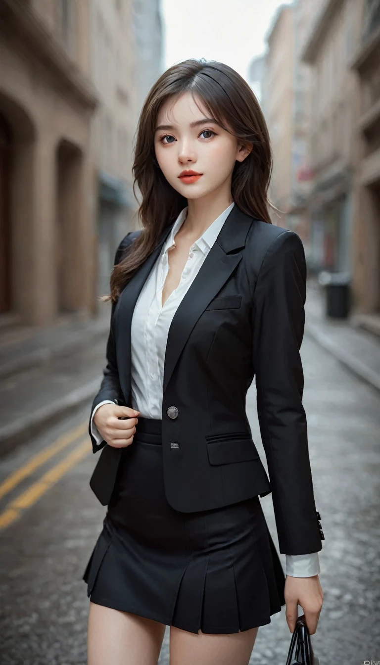best quality, masterpiece, 1girl, Beautiful face, (photo realistic:1.3), rim lighting, (high detailed skin:1.2), 8k uhd, dslr, high quality, high resolution, 4k, 8k, Bokeh, absurdres, best ratio four finger and one thumb, (realistic:1.3), cute 1girl, wearing black formal blazer, medium breasts, short skirt,