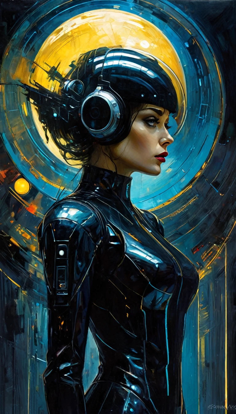 futuristic world: 1.5, surrealism, impressionism, oil painting, chiaroscuro, sensual, dramatic lighting, moody atmosphere, photorealistic, intricate details, masterpiece, ultra-detailed, high quality, 8k, best quality, realistic, cinematic, dark and brooding, expressionistic, powerful composition, emotional impact, Bill Sienkiewicz inspired art
