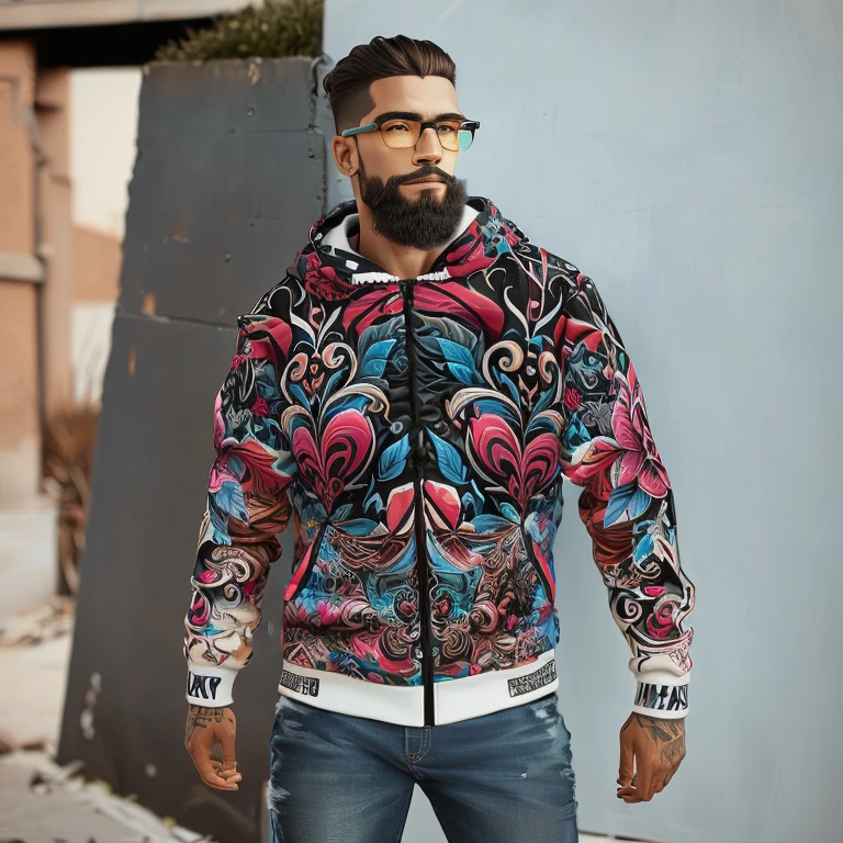 trimmed man with a colorful jacket and glasses in front of a wall, highly intricate, hyperdetailed colourful, complexly detailed, highy detailed design, highy detailed and hypnotic, Portrait photo, richly detailed color, incredibly complex, highy detailed clothing, ultra intricate, highy detailed, extremely complex, highy detailed!, stylish coat for a rave, complex clothing