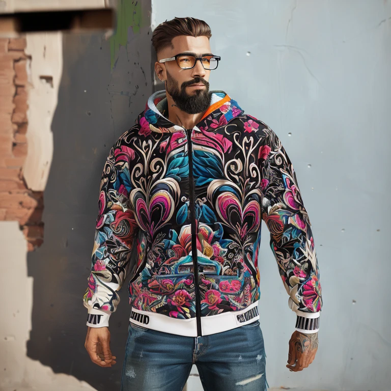 trimmed man with a colorful jacket and glasses in front of a wall, highly intricate, hyperdetailed colourful, complexly detailed, highy detailed design, highy detailed and hypnotic, Portrait photo, richly detailed color, incredibly complex, highy detailed clothing, ultra intricate, highy detailed, extremely complex, highy detailed!, stylish coat for a rave, complex clothing