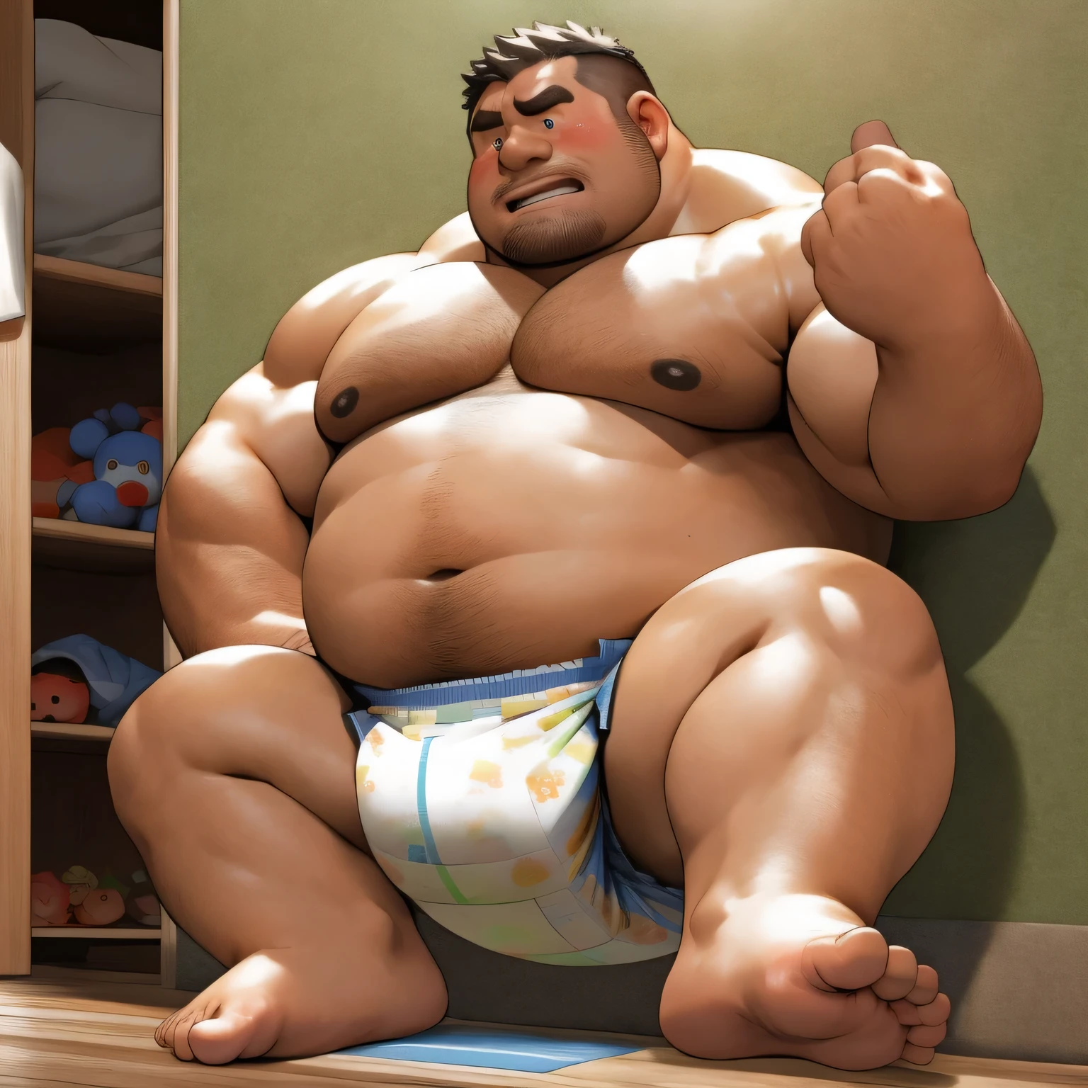 masterpiece, Top quality, in 32K, perfect anatomy, hyper detailed, super fine illustration, The thick man is a brutal prisoner, retarded, hairy, human, 50yo in japan, (fatness: 1.0), Fatty muscle, Bowleg, disappointment, incontinent, be diaper check by children, There is a small puddle under him, Naked, short legs, Bowleg, spread legs, wear a White cloth Diaper, Bare belly, Bare legs, Bare foots, Bare soles, Shirtless, wide forehead and short thinning hair, Man with round  face with stubble, Bare foots, Bare soles, shy, sissy, Weaker than children, Drool, Round face, He enters nursery school and is despised by children, He is made to stand attention in the corner of the playroom, corner time, He surrounded by children, Bare foots, big butt, White Diaper, sobbing, There is a small puddle under him