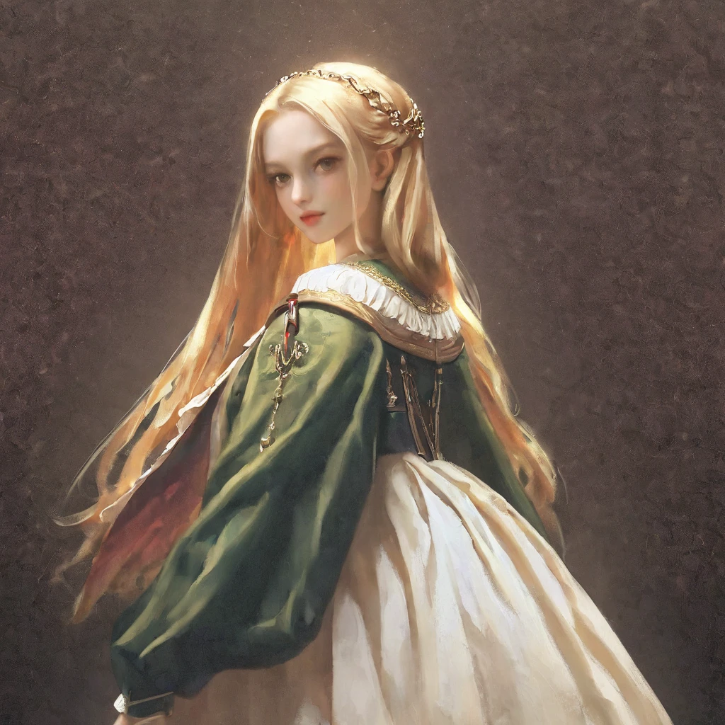 score_9, score_8_up, score_7_up, score_6_up, score_5_up, score_4_up, A blonde girl standing, royal clothes, anime painting, no tiara, loose long hair, black background, dramatic diagonal lighting, painterly, realistic painting, soft feature, detailed clothes, detailed, rembrandt lighting, artwork of upper body