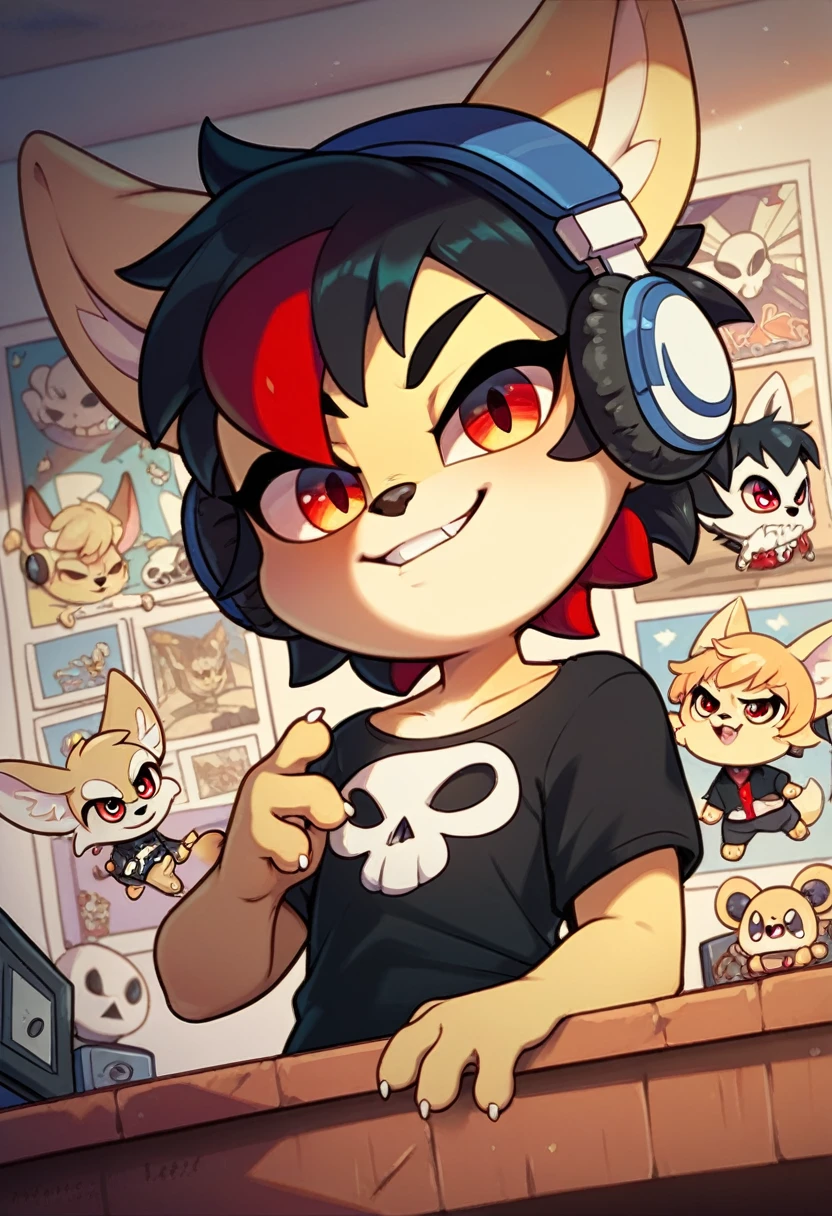 Fennec fox, cute girl, kid, chibi, 4 fingers, short hair, black hair with red highlights, red eyes, black shirt with a white skull, headphones, listening songs, smirk, in the bedroom, black bedroom, rock posters, alone