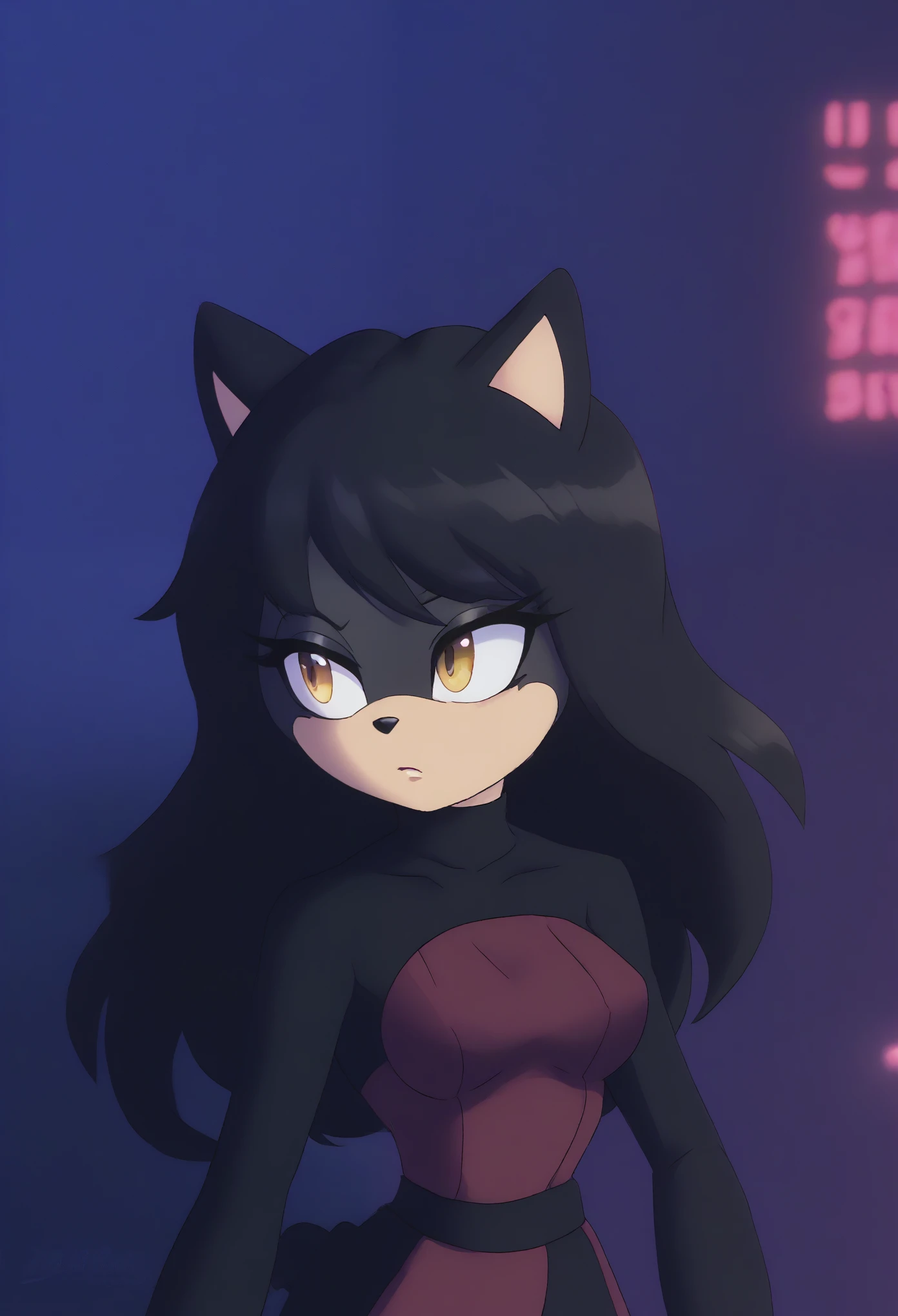 (Blake Belladonna as a Mobian cat), Female cat, (great detail), (tropical background), 1girl, solo, black hair, black fur, amber colored eyes, long hair, bow, hair bow, black bow, bangs, turtleneck, dusk, cloud, (1girl), (solo), outdoors, tree, expressionless, hand on hip, arm at side, looking to the side, medium breasts, upper body, fringe_trim, standing, eyelashes, daytime, mobian, Mobius city