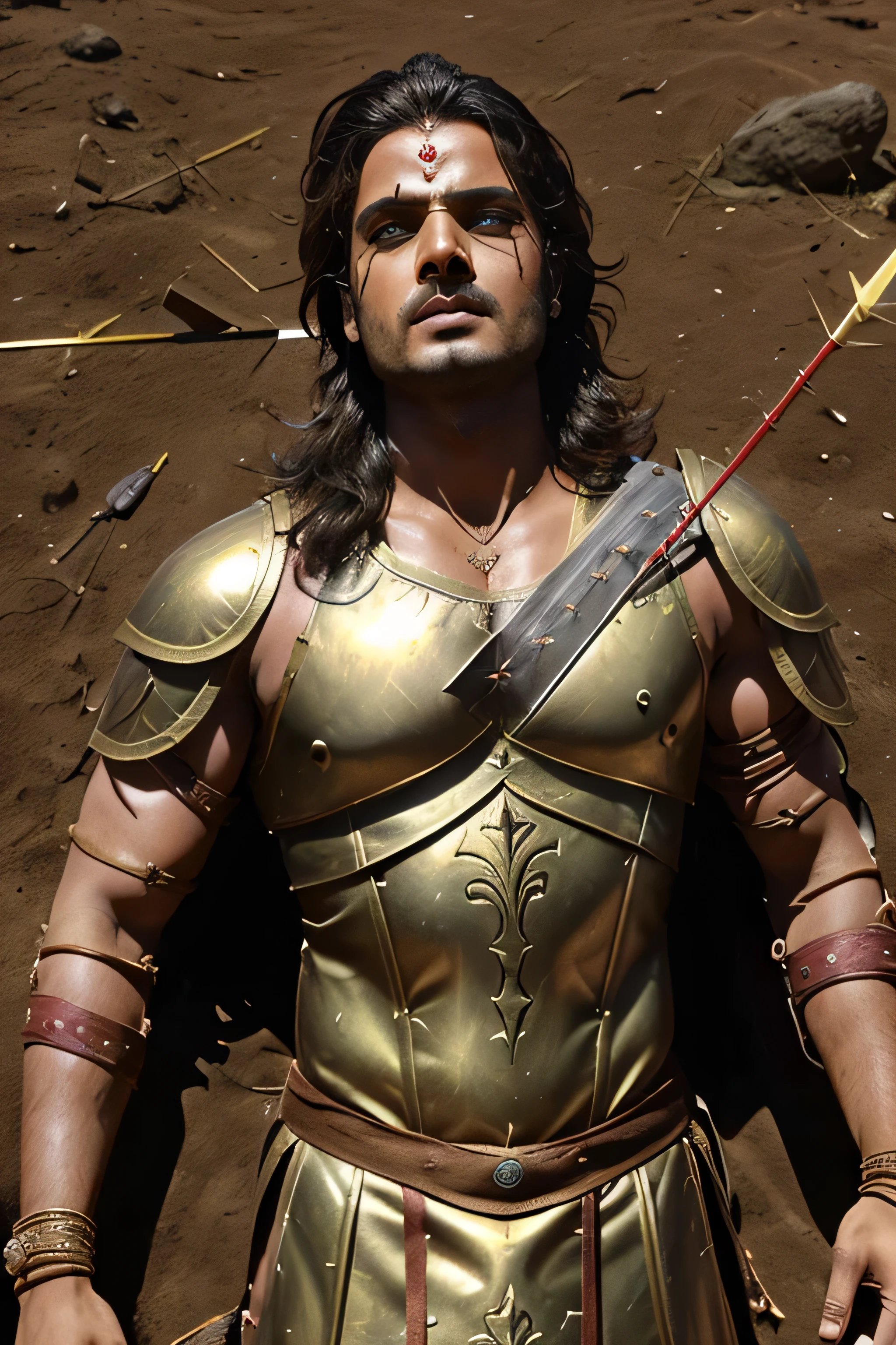 In the ((battlefield ))of ((Mahabharat)) ((ancient man warrior karna)) in ((warrior suit)), helpless , got killed ,((one arrow has been shot on his neck)) ,((dying on the battlefield of kurukshetra)), his body is bleeding all over by the shot of arrows Arrow ((death scene )) with close eyes
