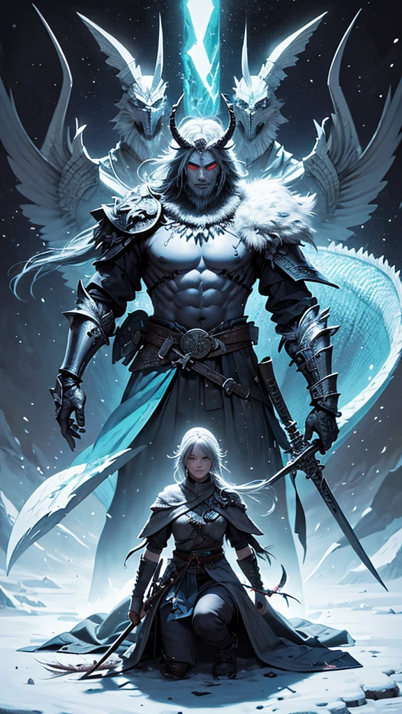 make me a warrior, with 3 swords on his back, and an ax in his hand, winter contract, demon mask, with a winter background with dragons and beasts, colors, blue, whites, black, gray, black, y verdes colors profesionales y detallados estilo anime