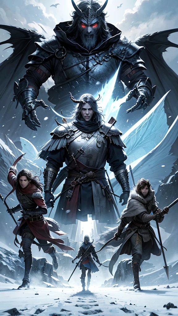 make me a warrior, with 3 swords on his back, and an ax in his hand, winter contract, demon mask, with a winter background with dragons and beasts, colors, blue, whites, black, gray, black, y verdes colors profesionales y detallados estilo anime