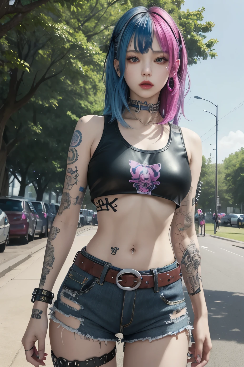 (masterpiece, best quality), 1girl, phlg, blue hair, pink highlight, outdoors, park, punk, punk crop top, belts, facing viewer, tattoos, bangs, looking at viewer