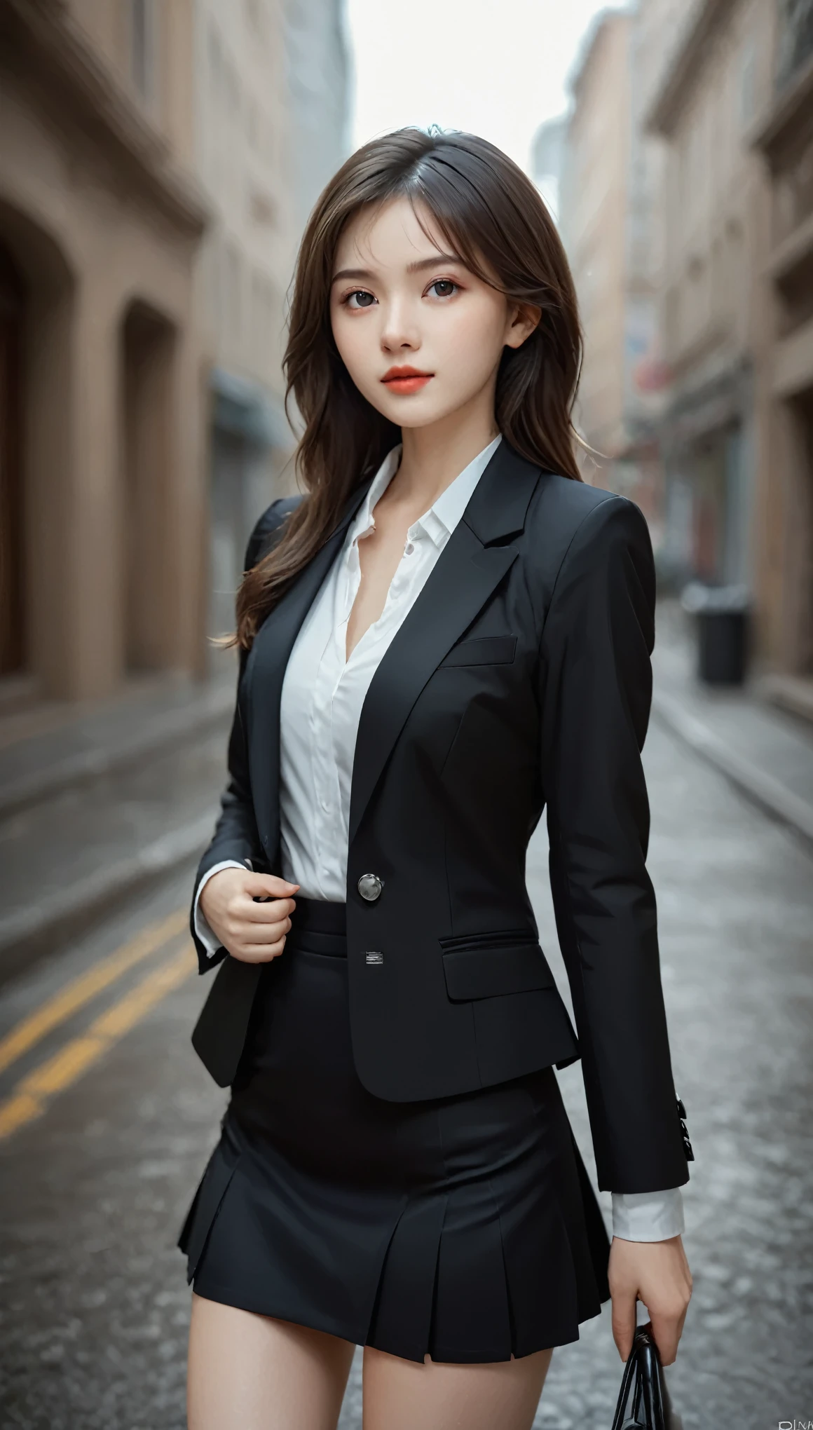 best quality, masterpiece, 1girl, Beautiful face, (photo realistic:1.3), rim lighting, (high detailed skin:1.2), 8k uhd, dslr, high quality, high resolution, 4k, 8k, Bokeh, absurdres, best ratio four finger and one thumb, (realistic:1.3), cute 1girl, wearing black formal blazer, medium breasts, short skirt,