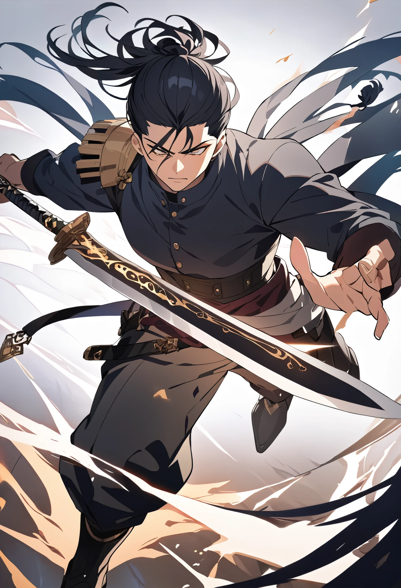 epic character, with black hair and a sword, masculine 