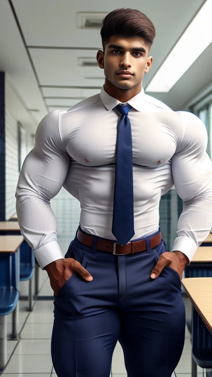 18 years old indian school boy with small beard mascular dark skin jaat with spiky hairstyle in , head to thighs, indian school boy, beautiful eyes, large lips, volumeric light, wearing opened white shirt with Tommy Hilfiger underwear with navy tie , huge bulge, muscular chest, long legs, Wide shoulders, nice detailed hands, standing and doing pee in school toilet with spread legs toilet background, sunny day, daylight, His perfect( big huge bulge) is (coming out) of his pant,masterpieces