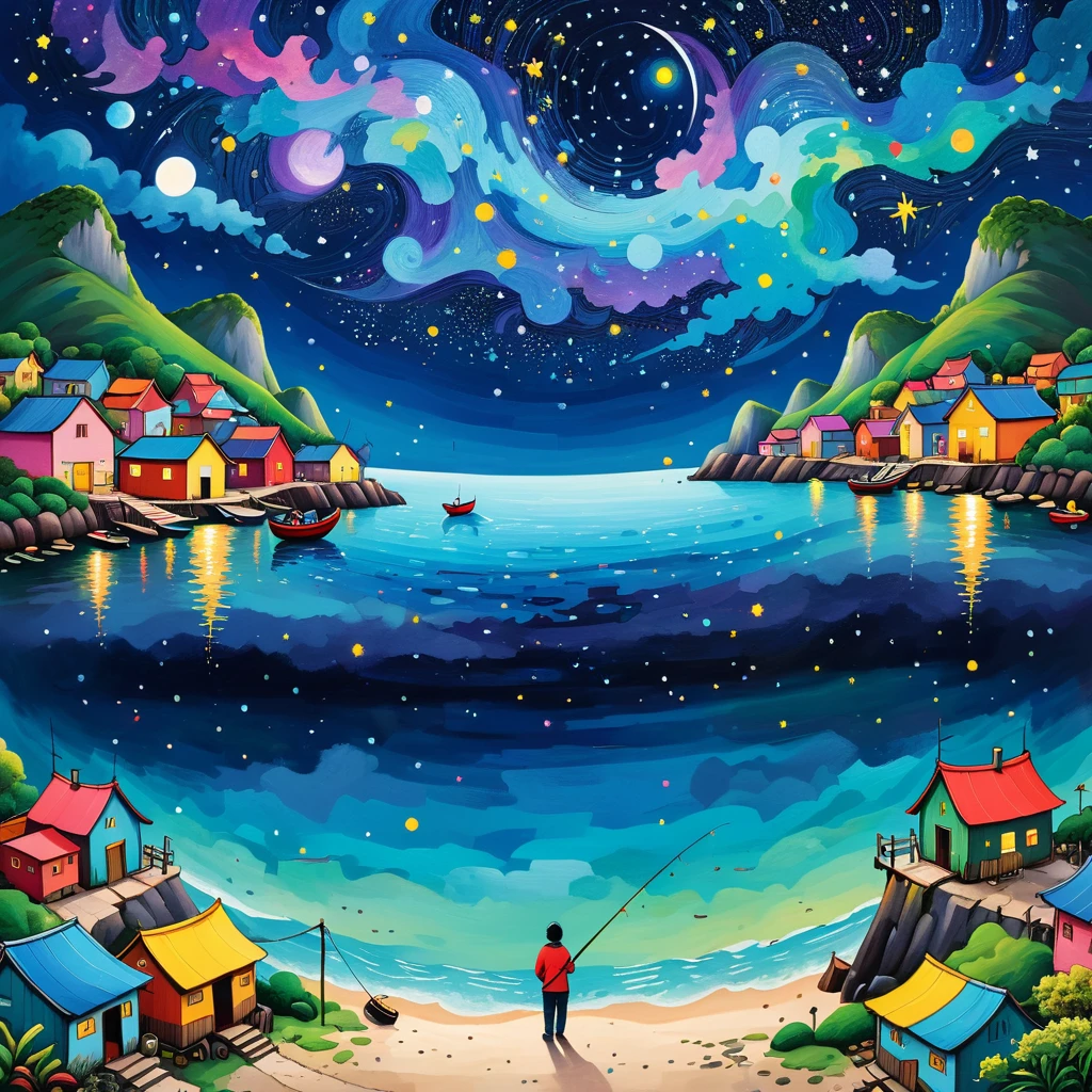 fishing village、starry sky，Stitching an abstract painting，Describing the inner world of autistic people，Sense of space，Blank space，interesting，Innocence，psychedelic art