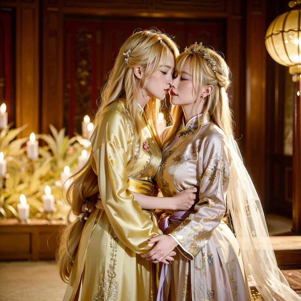 ((Highest quality)), ((masterpiece)), (detailed), （Perfect Face）、The woman has blonde hair and wears a gorgeous, glittering Hanfu with gold embroidery and trim.、The woman and the middle-aged Chinese man embrace each other, kiss each other in vows, and are happily married at a luxurious Chinese wedding venue.