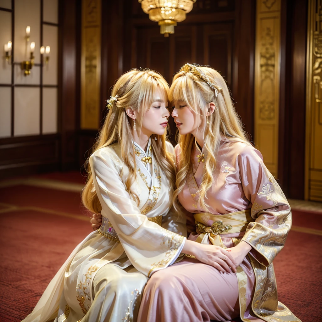 ((Highest quality)), ((masterpiece)), (detailed), （Perfect Face）、The woman has blonde hair and wears a gorgeous, glittering Hanfu with gold embroidery and trim.、The woman and the middle-aged Chinese man embrace each other, kiss each other in vows, and are happily married at a luxurious Chinese wedding venue.