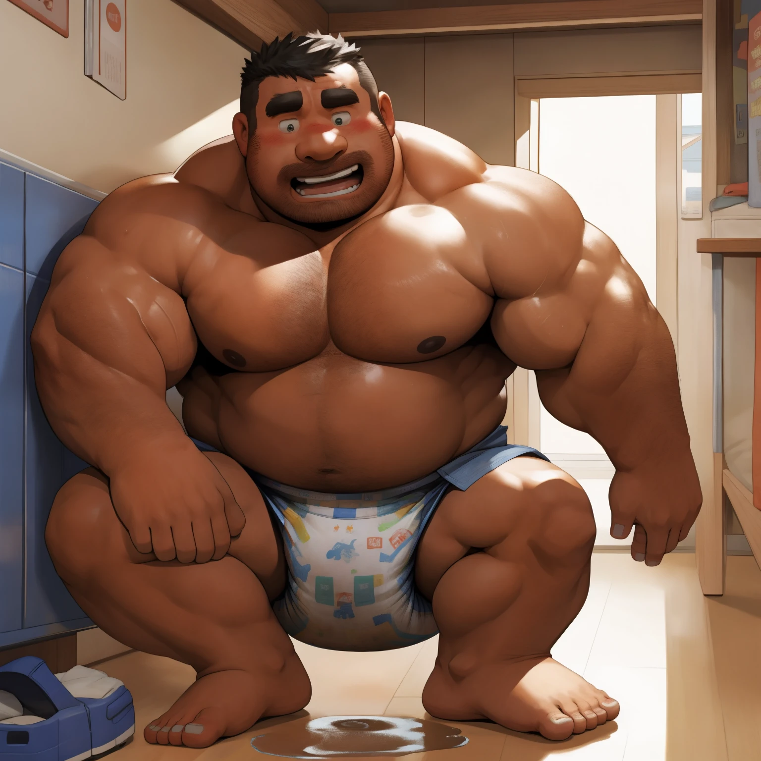 masterpiece, Top quality, in 32K, perfect anatomy, hyper detailed, super fine illustration, The thick man is a brutal prisoner, retarded, hairy, human, 50yo in japan, (fatness: 1.0), Fatty muscle, Bowleg, disappointment, incontinent, be diaper check by children, There is a small puddle under him, Naked, short legs, Bowleg, spread legs, wear a White cloth Diaper, Bare belly, Bare legs, Bare foots, Bare soles, Shirtless, wide forehead and short thinning hair, Man with round  face with stubble, Bare foots, Bare soles, shy, sissy, Weaker than children, Drool, Round face, He enters nursery school and is despised by children, He is made to stand attention in the corner of the playroom, corner time, He surrounded by children, Bare foots, big butt, White Diaper, sobbing, There is a small puddle under him