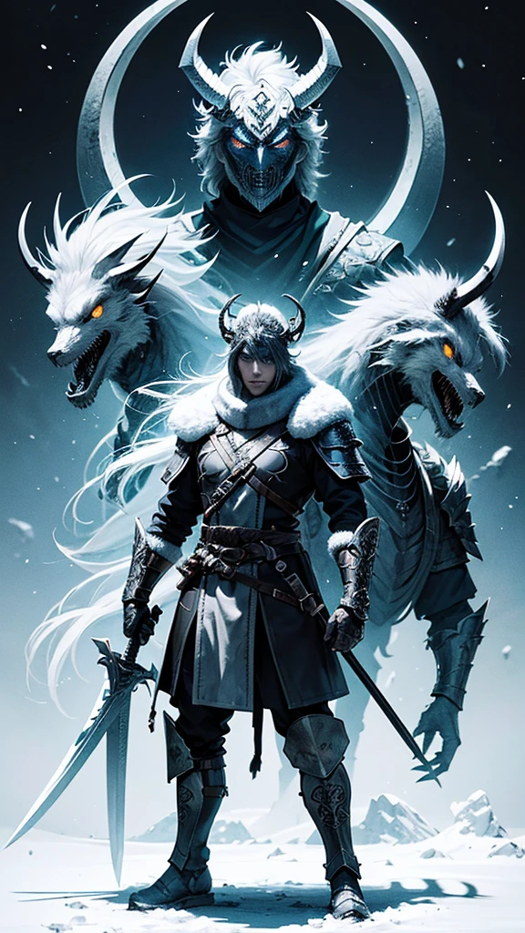 a warrior with 3 swords on his back, an axe in his hand, winter outfit, demon mask, winter background with dragons and beasts, professional detailed anime style, blue, white, black, gray, green colors